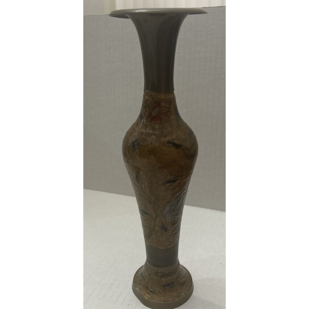 Vintage Brass Vase with Painted Floral Design